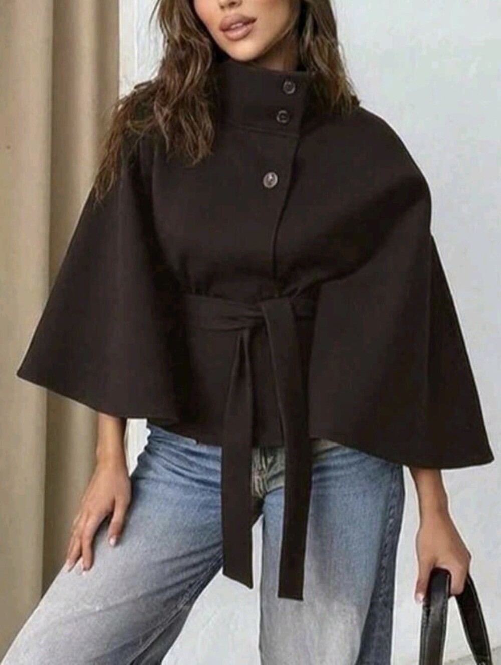 Women's Solid Color Front Button Tie Waist Woolen Cloak, Casual & Date Wear